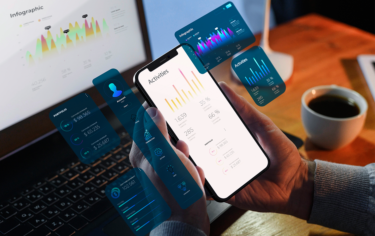 Mobile application dashboard with business analytics and digital features